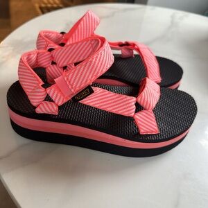Teva Neon Pink Striped Platform Sandals